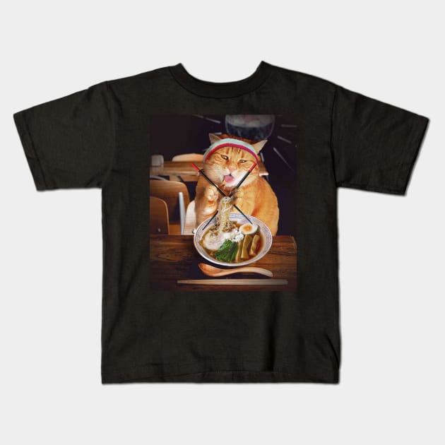 Funny Cat Eating Ramen Noodles Kids T-Shirt by Random Galaxy